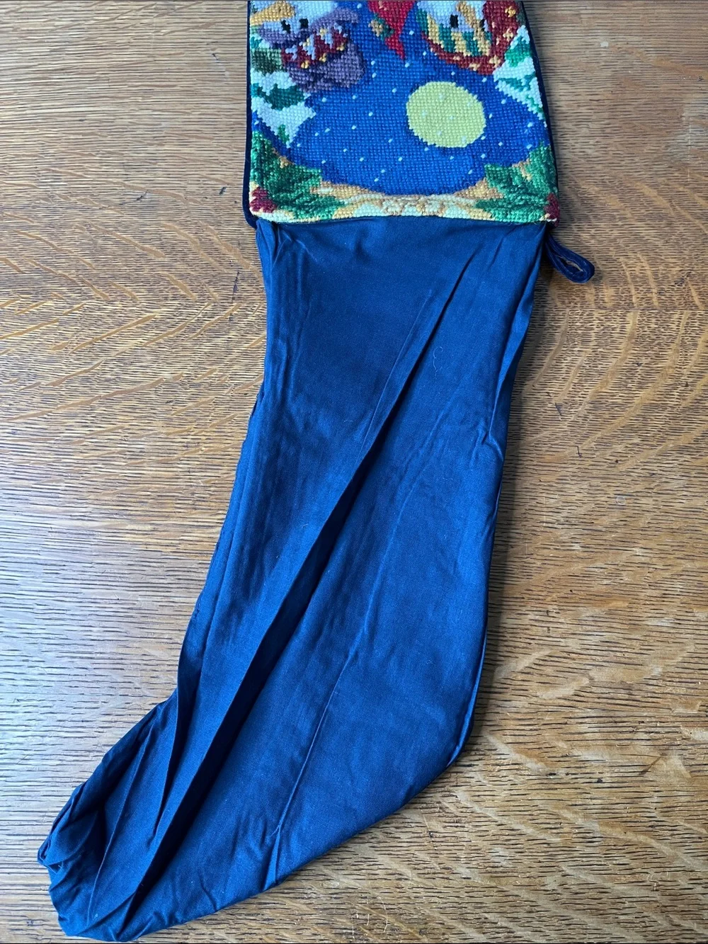 Vintage Snowman cardinal Needlepoint Wool Christmas Stocking Velvet back. EUC